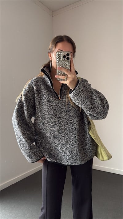 Wildora Koyu Gri Desenli Fermuarlı Sweatshirt