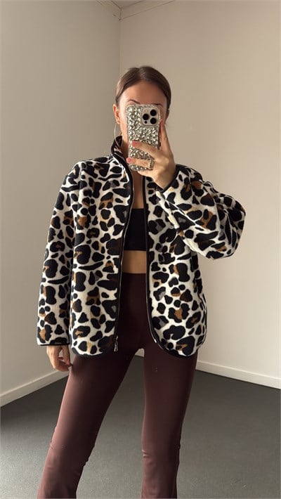 Wildora Leopar Desenli Fermuarlı Hırka