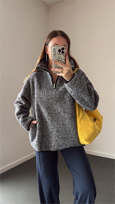 Wildora Siyah-Gri Desenli Fermuarlı Sweatshirt