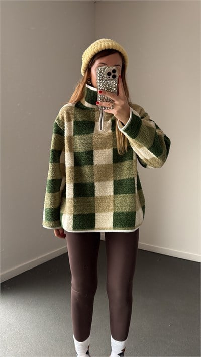 Wildora Yeşil Desenli Fermuarlı Sweatshirt