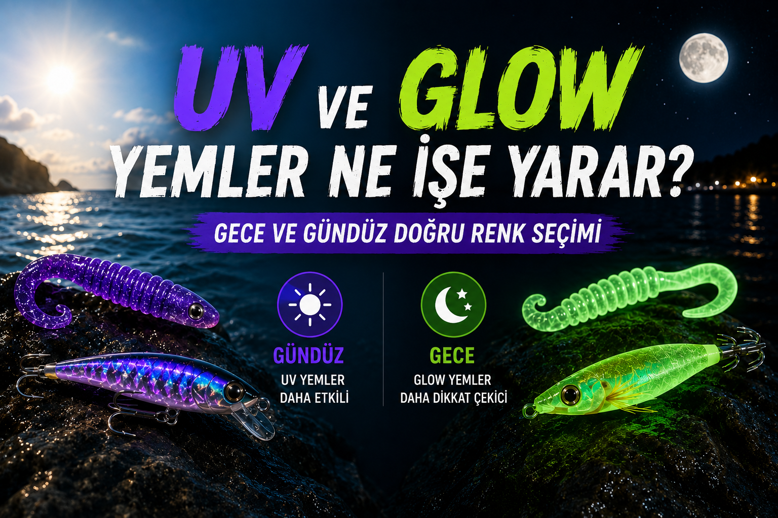 UV ve glow yemler ne işe yarar? LRF, spin, jig yem ve kalamar avlarında gece ve gündüz doğru renk seçimi rehberi.