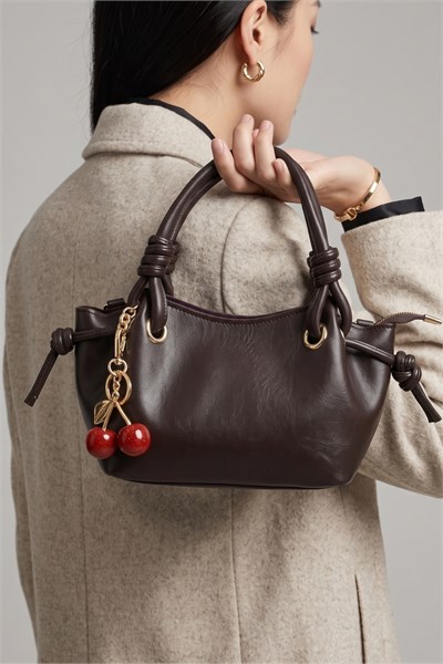Cherry Charmlı Model Küçük Boy Deri Kadın El ve Omuz Çantası Acı Kahve