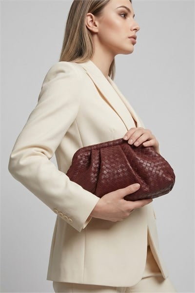 Intreccio Örme Deri Kadın Omuz & Portföy & Clutch Çanta Bordo