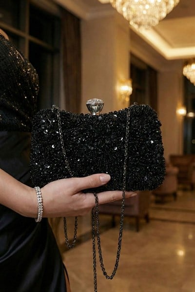 Kristal Taşlı Abiye Clutch Çanta Siyah