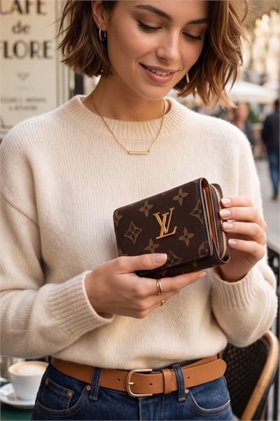 Monogram Kadın Fermuarlı & Çıtçıtlı Deri Cüzdan Kahverengi