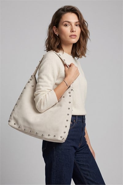 Riva Stud Hobo Süet Kadın El, Omuz Çanta Krem
