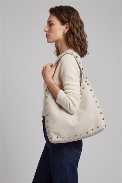 Riva Stud Hobo Süet Kadın El, Omuz Çanta Krem