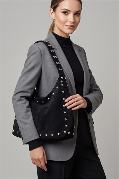 Riva Stud Hobo Süet Kadın El, Omuz Çanta Siyah