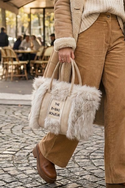 The Bag Bonjeur Vintage Peluş Kürklü Kadın Omuz ve El Çantası (Mermer Rengi)