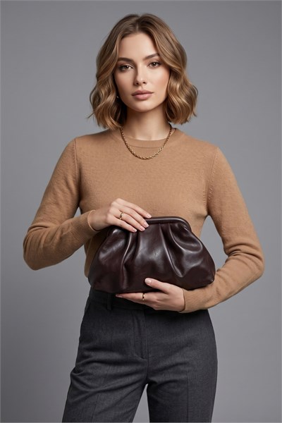 Vesper Deri Kadın Omuz & Portföy & Clutch Çanta Acı Kahve