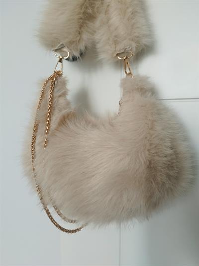 Vintage Peluş Kürk Model Sonbahar, Kış Tote Bag Kadın El, Omuz, Çapraz Çanta Krem
