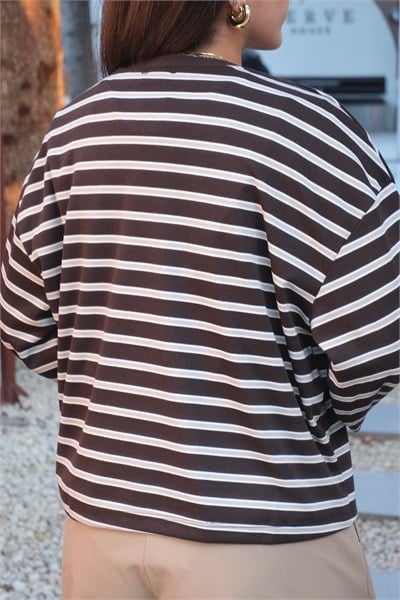 Çizgili Basic Bluz - Kahverengi