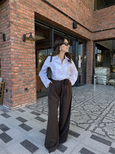Gül Broşlu Krep Kumaş Pantolon - Kahverengi