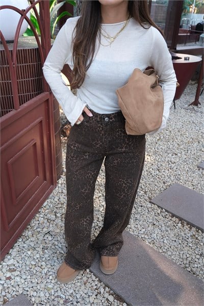 Leopar Desenli Pantolon - Kahverengi