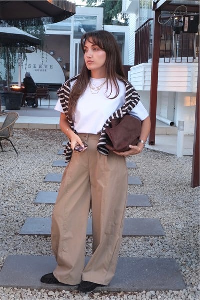 Yüksek Bel Barrel Pantolon - Camel Bej
