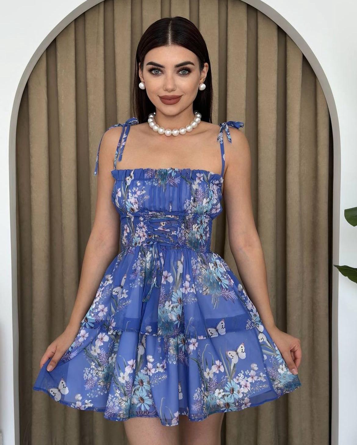 Askılı Çiçek Mini Elbise 1115 - Mavi