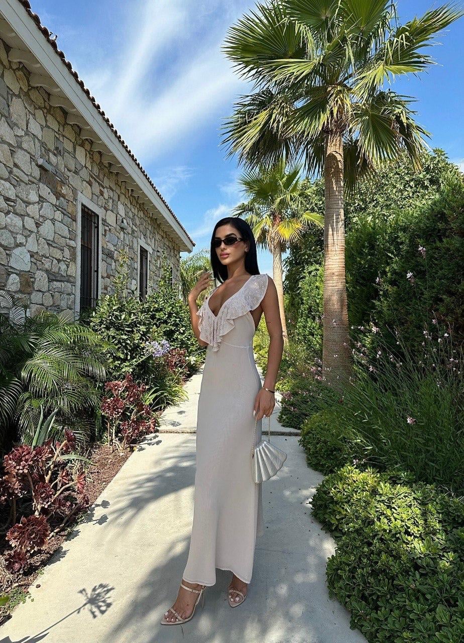 Dekolteli Maxi Elbise 3041 - Bej