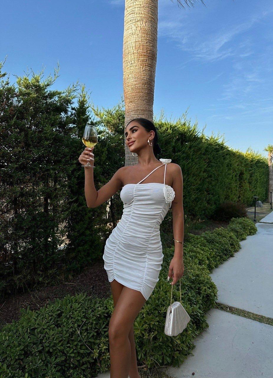 Drapeli Gül Mini Elbise 1114 - Beyaz