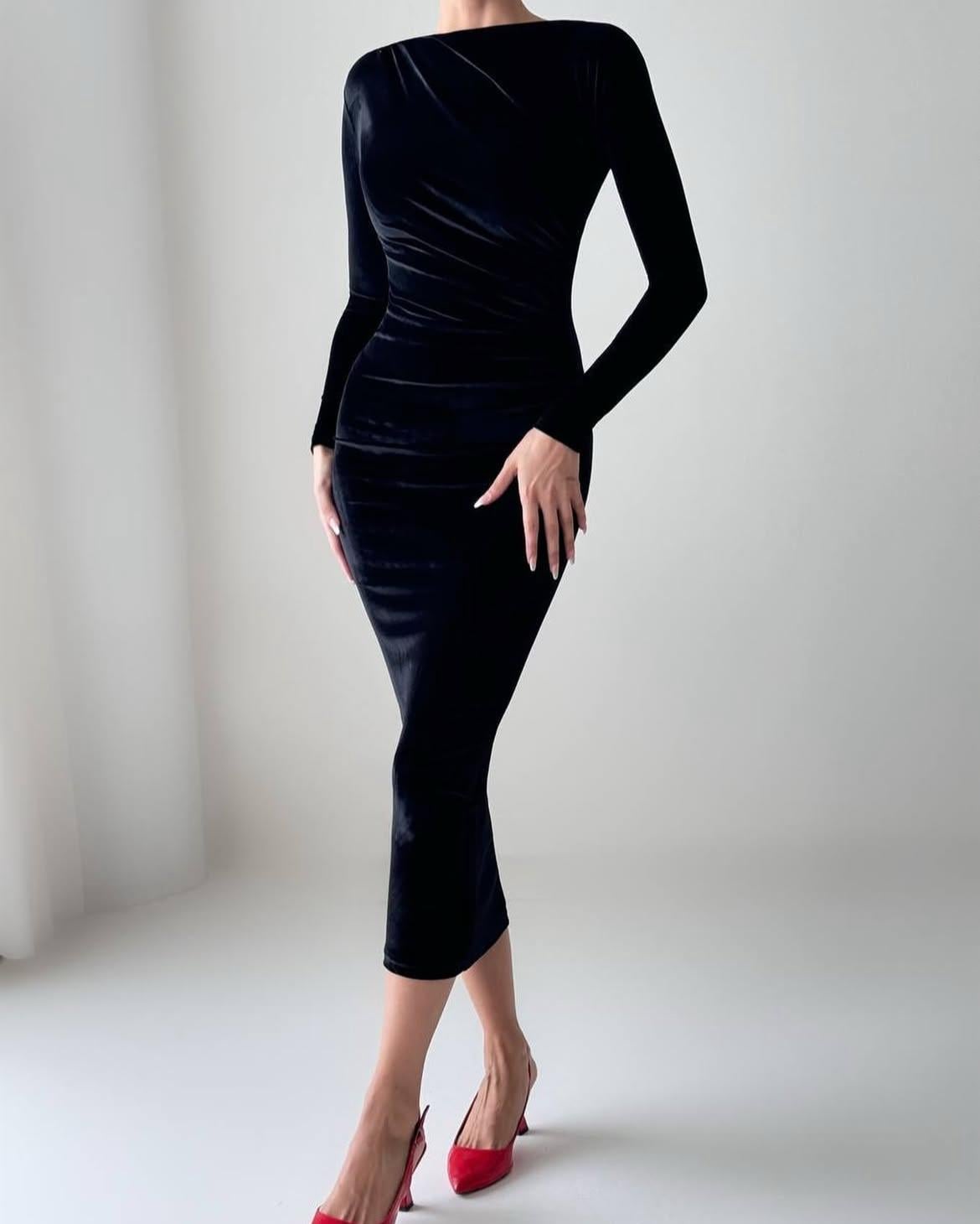 Kadife Kumaş Midi Elbise 2013 - Siyah