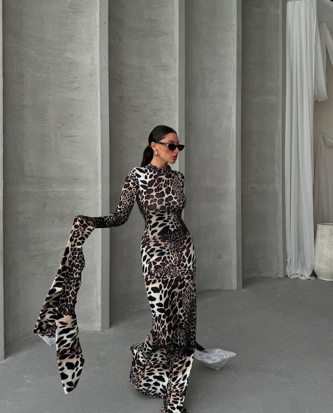 Toparlayıcı Maxi Elbise 3028 - Leopar
