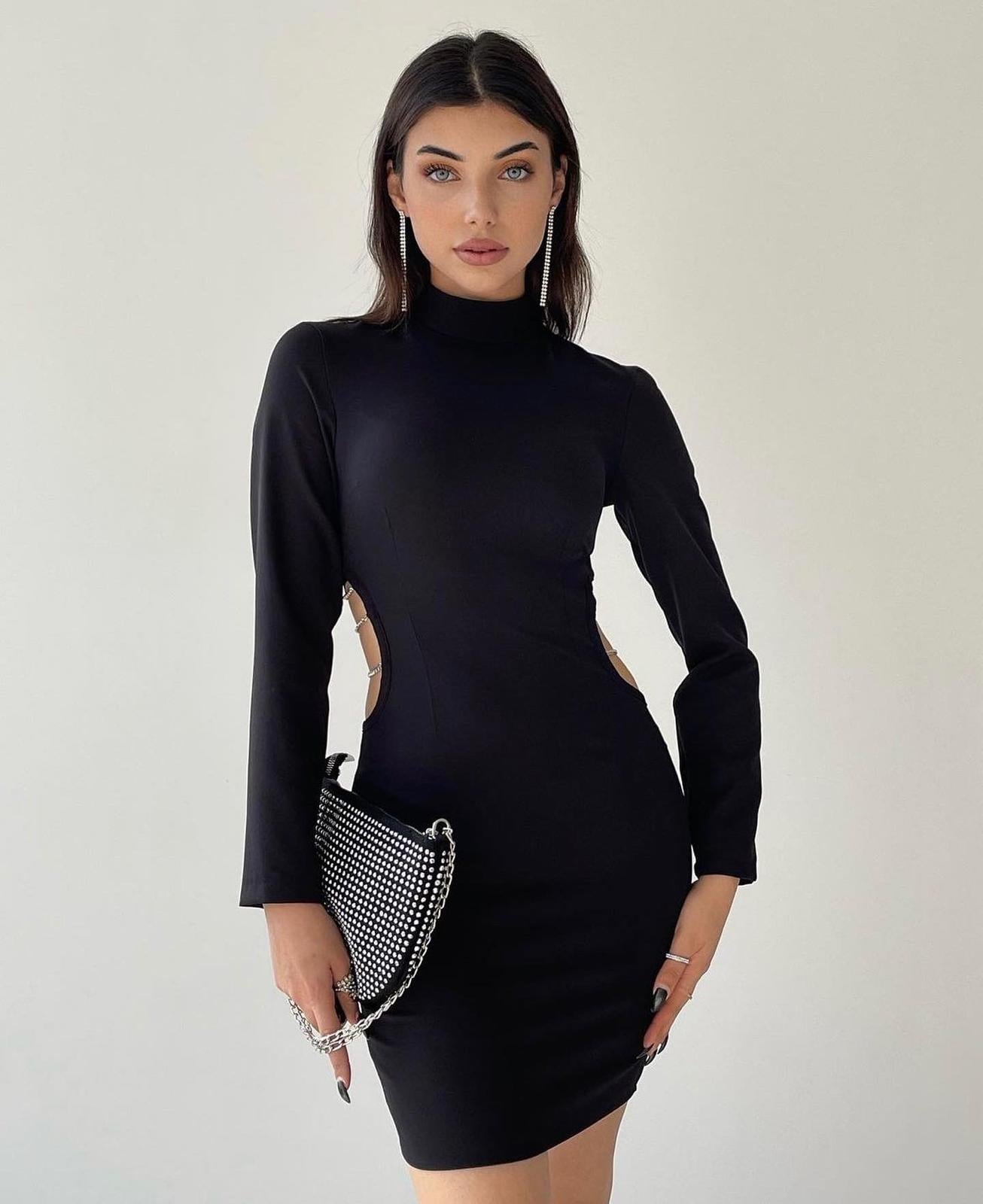 Zincir Detay Mini Elbise 1033 - Siyah