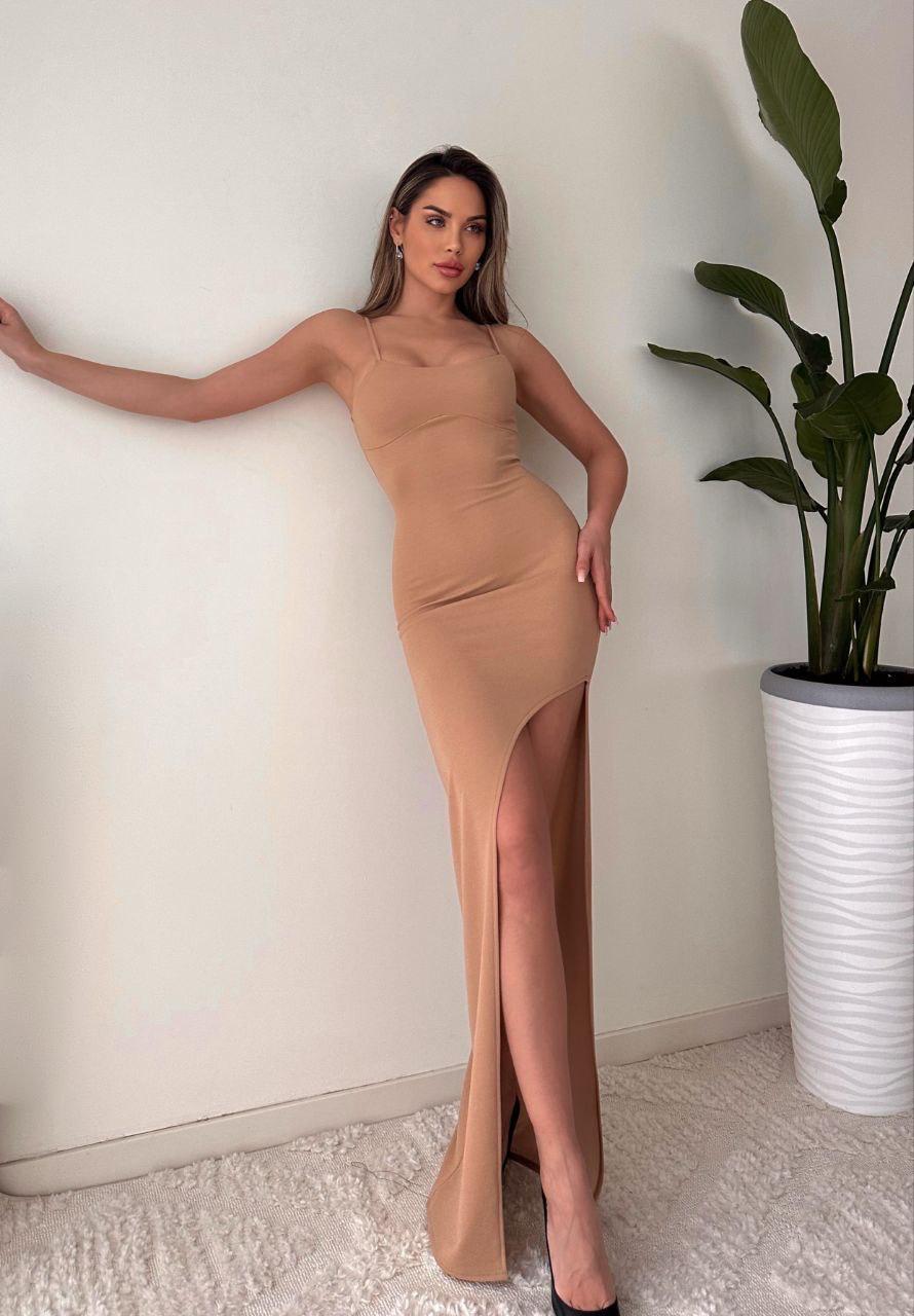 Askılı Yırtmaçlı Maxi Elbise 3036 - Bej