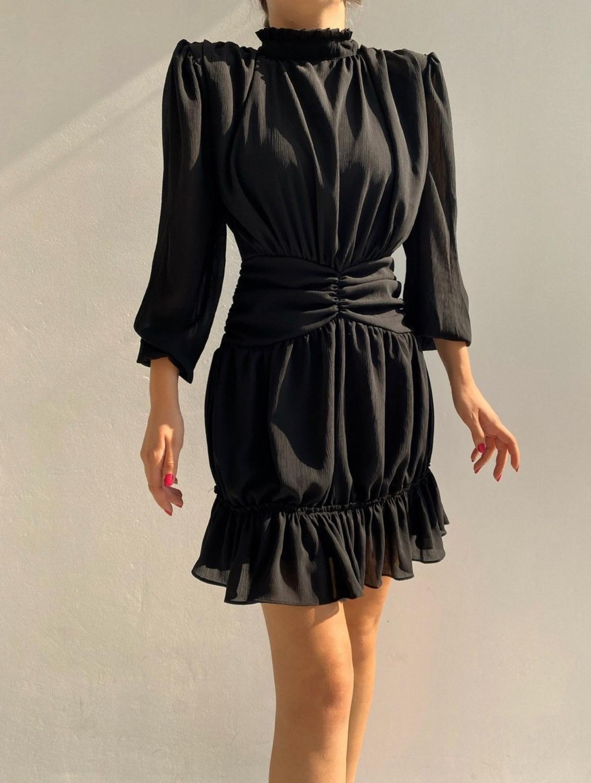 Bel Detay Pileli Mini Elbise 1084