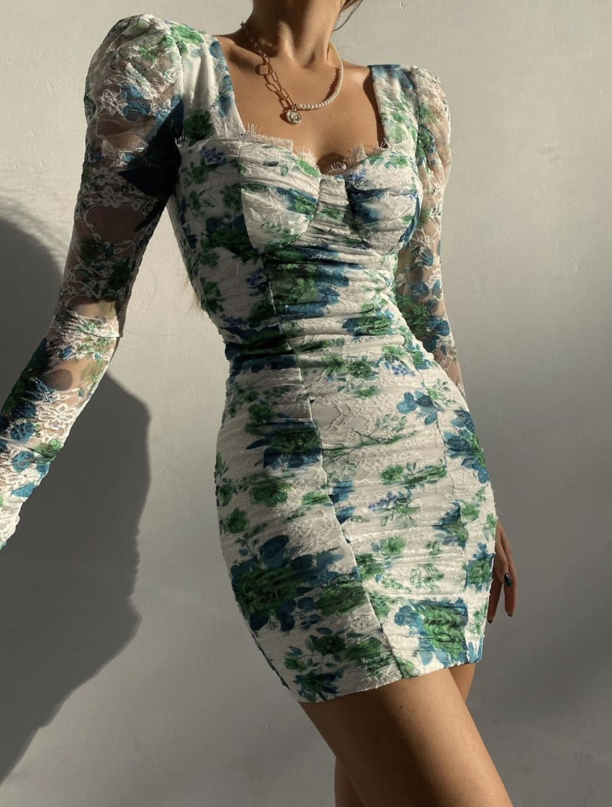 Çiçek Desenli Mini Elbise 1081 - Yeşil