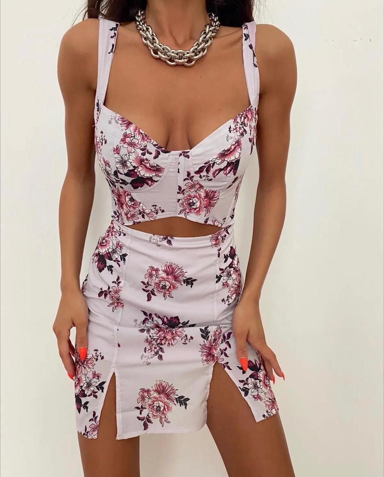 Çiçekli Mini Elbise 1047 - Lila