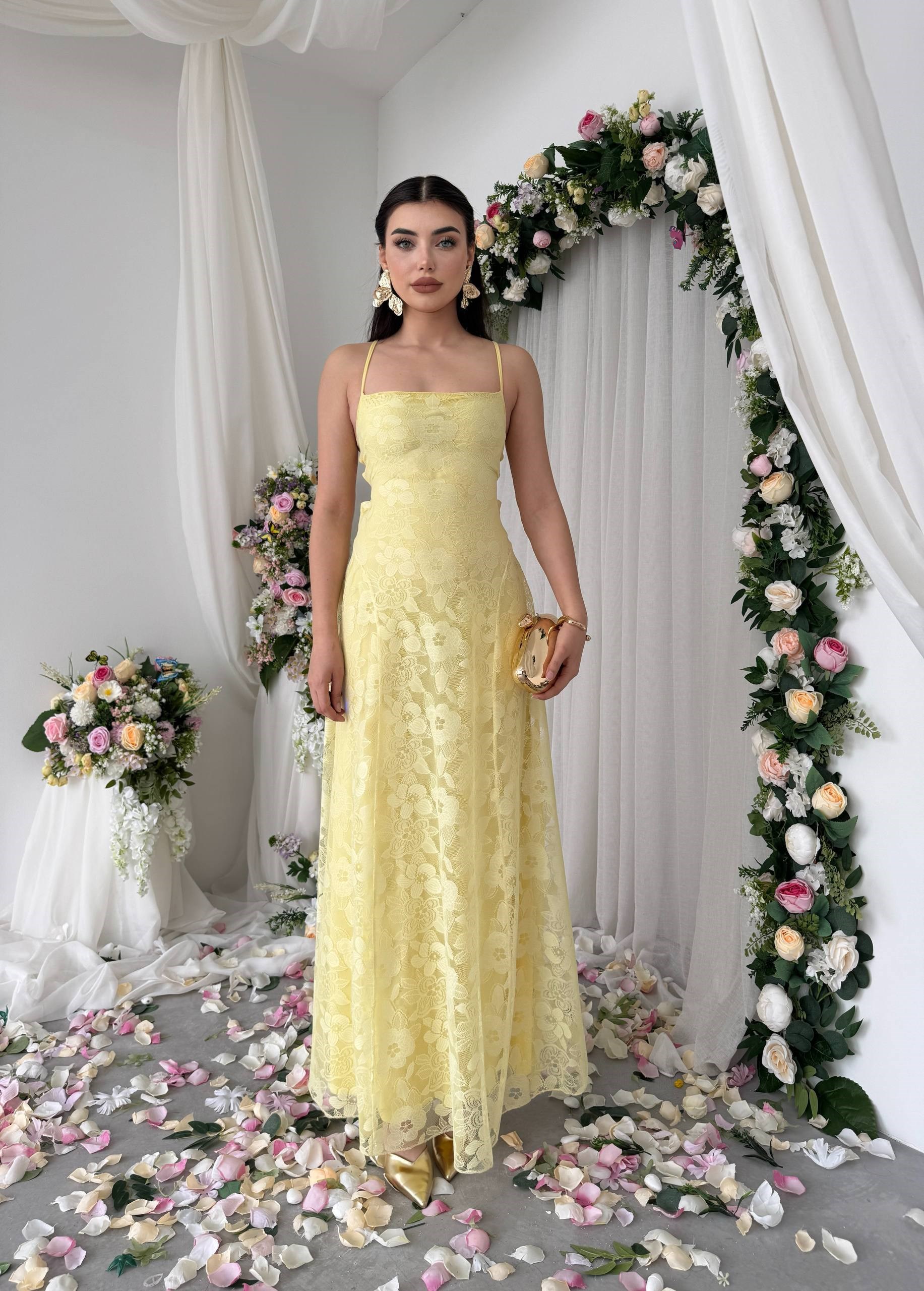 Husa Sırt Bağlamalı Elbise - Sarı