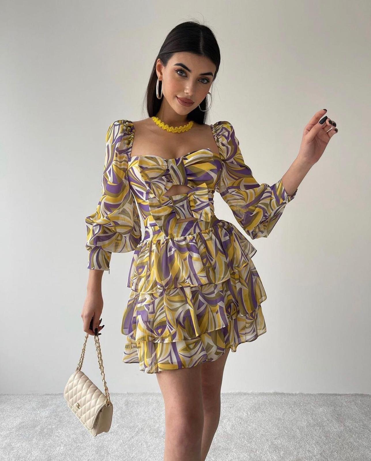 İki Renk Mini Elbise 1049 - Sarı