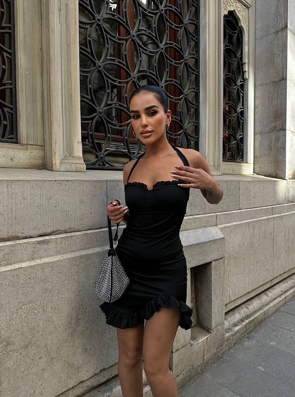 İtalyan Fırfır Mini Elbise 1105 - Siyah