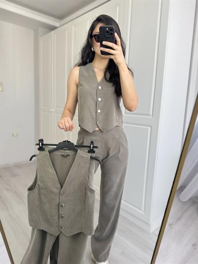 Haki Önü Düğmeli Yelek Beli Lastikli Pantolon