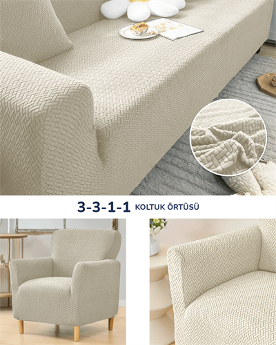 3.3.1.1 Koltuk Örtüsü Krem Koltuk Kılıfı Takımı Lastikli Sofa Cover / Krem