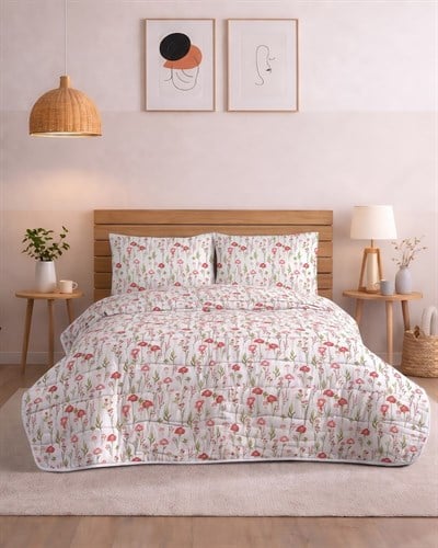 Çift Kişilik Kişilik Pamuklu Kapitone Çok Amaçlı Pike & Yatak Örtüsü / Flora Pembe