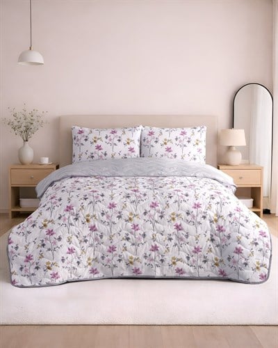 Çift Kişilik Pamuklu Kapitone Çok Amaçlı Pike & Yatak Örtüsü / Pembe Zambak