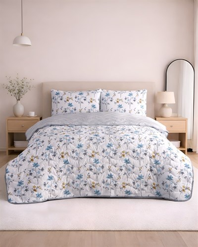 Çift Kişilik Pamuklu Kapitone Çok Amaçlı Pike & Yatak Örtüsü / Mavi Zambak