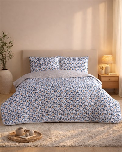 Çift Kişilik Pamuklu Kapitone Çok Amaçlı Pike & Yatak Örtüsü / Soft Mavi