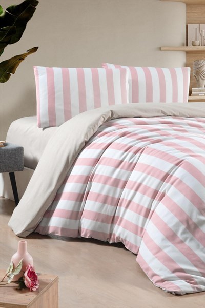 Heaven Lastikli Çarşaflı Nevresim Takımı Tek Kişilik Pembe Çizgi Desen