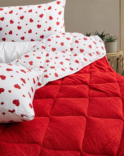 Kalpli Çift Taraflı Kırmızı Welsoft Yorgan Seti / 195x215 Cm