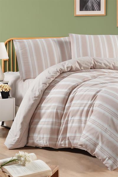 Paradise Lastikli Çarşaflı Nevresim Takımı Çift Kişilik Sütlü Kahve Çizgi Desen
