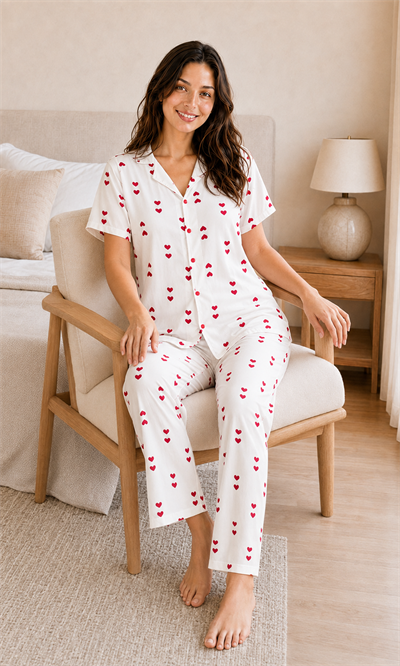 Amora Kalp Desenli Kısa Kollu Milan Kumaş Kadın Pijama Takımı