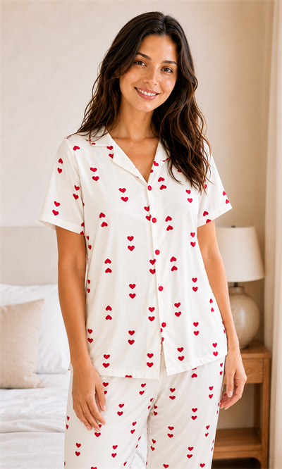Amora Kalp Desenli Kısa Kollu Milan Kumaş Kadın Pijama Takımı