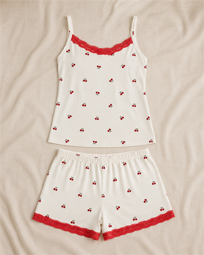 Cherry Kiraz Desenli Askılı Milan Kumaş Kadın Pijama Takımı