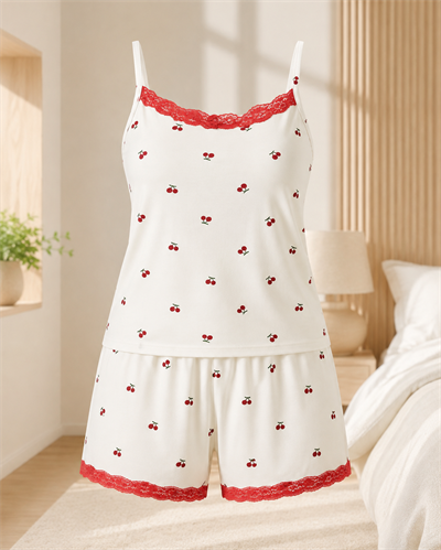 Cherry Kiraz Desenli Askılı Milan Kumaş Kadın Pijama Takımı