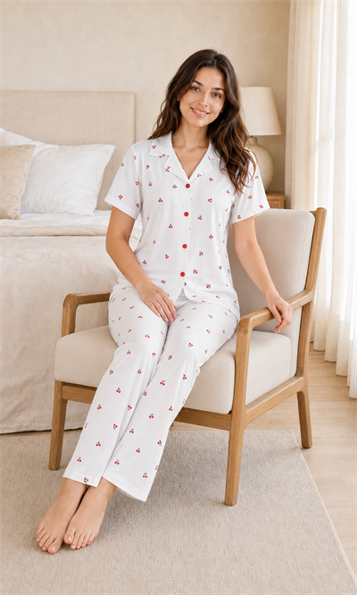 Cherry Kiraz Desenli Kısa Kollu Milan Kumaş Kadın Pijama Takımı
