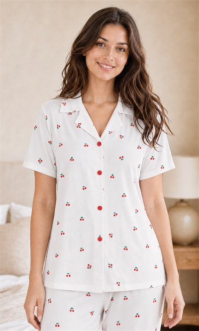 Cherry Kiraz Desenli Kısa Kollu Milan Kumaş Kadın Pijama Takımı