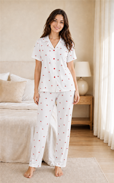 Cherry Kiraz Desenli Kısa Kollu Milan Kumaş Kadın Pijama Takımı