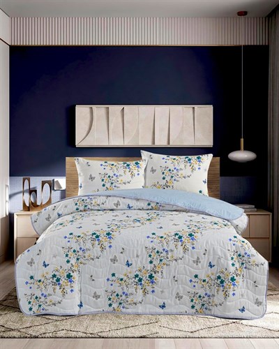 Çift Kişilik Pamuklu Kapitone Çok Amaçlı Pike & Yatak Örtüsü Çiçek Bahçesi Mavi