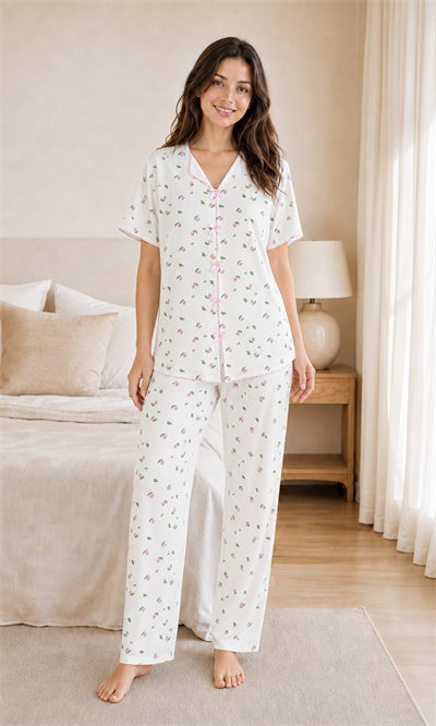 Flora Fiyonklu Yeşil Yaprak Desenli Kısa Kollu Napoli Kumaş Kadın Pijama Takımı